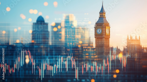 Big Ben against a city backdrop with digital financial graphs overlayed, symbolizing London's role as a global financial hub.