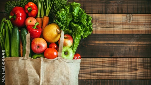 Fresh Produce Grocery Bag Full Of Colorful Fruits Vegetables photo