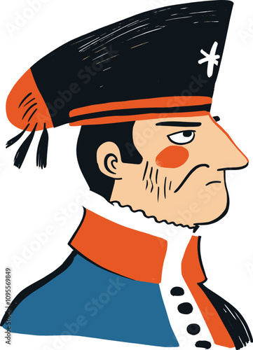 Military officer in historical uniform with distinct features cartoon isolated on transparent background. Vector illustration.