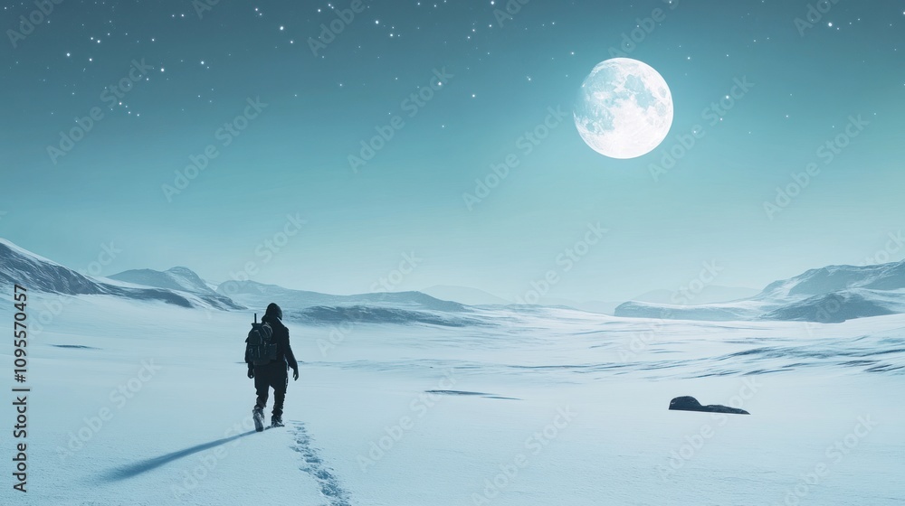 A lone traveler walks across a snowy landscape under a bright moon. A lone traveler walks across a snowy landscape under a bright moon.