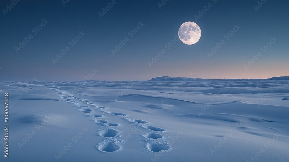 A serene snowy landscape illuminated by a full moon, featuring footprints in the snow. A serene snowy landscape illuminated by a full moon, featuring footprints in the snow.