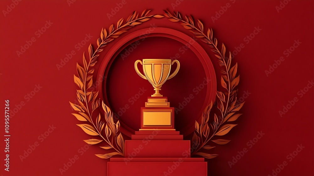 Layered paper cut style of a trophy on a podium symbolizing achievement success and victory The design features a gold trophy atop a red podium surrounded by a laurel wreath Layered paper cut style of a trophy on a podium symbolizing achievement success and victory The design features a gold trophy atop a red podium surrounded by a laurel wreath