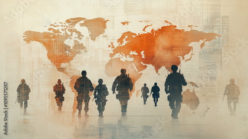 Fototapeta Naklejka Na Ścianę i Meble -  Silhouetted soldiers walking in front of a world map, symbolizing global military presence and international defense strategies. Earth tones convey a strategic atmosphere.