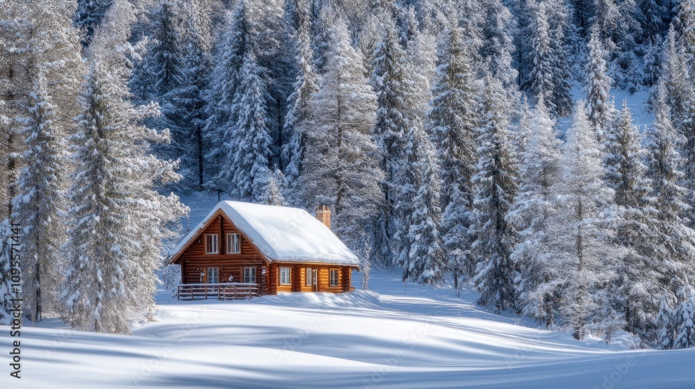 A cozy wooden cabin surrounded by snow-covered trees in a serene winter landscape. A cozy wooden cabin surrounded by snow-covered trees in a serene winter landscape.