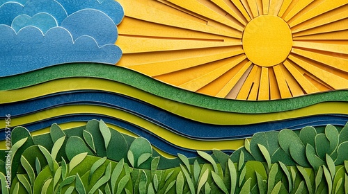 Layered paper cut style visual of a solar farm with rows of solar panels lush green fields and vibrant sun rays in the background  Depicts a clean renewable energy concept in a stylized