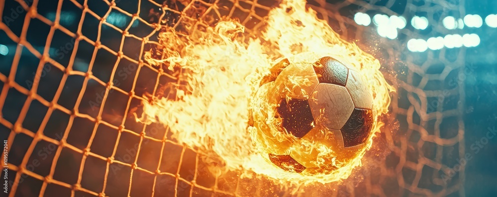 Soccer ball on fire hits the back of the net stadium sports action ...