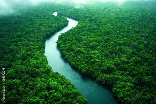 Aerial View of Lush Rainforest with Winding River in Amazonas Landscape