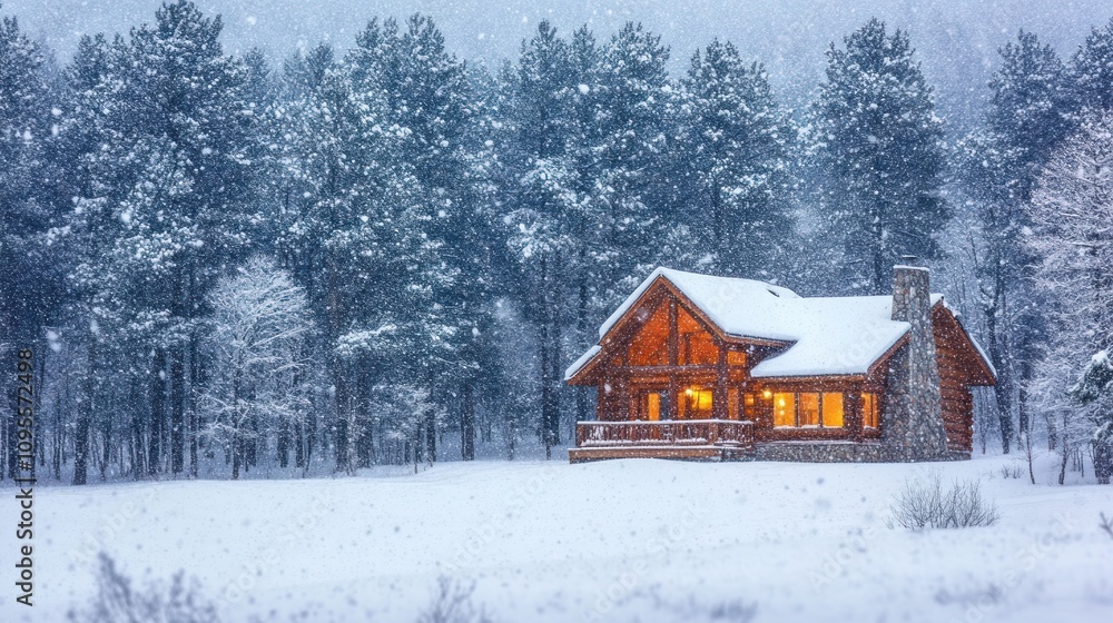 A cozy cabin in a snowy landscape surrounded by tall trees. A cozy cabin in a snowy landscape surrounded by tall trees.