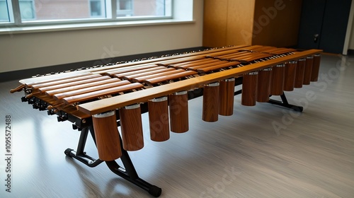 Marimba instrument placed in a modern well lit music classroom setting  The wooden bars and resonators of the marimba are highlighted by the natural light photo