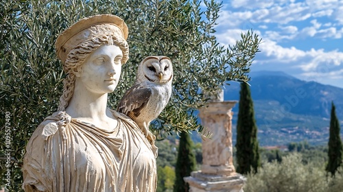 Majestic statue of the Greek goddess Athena standing in a grand marble temple with an owl perched on her shoulder surrounded by lush olive trees in a serene picturesque landscape