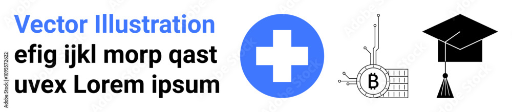 Blue medical plus symbol, black Bitcoin circuit, and black graduation cap. Ideal for healthcare, cryptocurrency, education, technology, finance, academic, and digital illustration themes. Landing Blue medical plus symbol, black Bitcoin circuit, and black graduation cap. Ideal for healthcare, cryptocurrency, education, technology, finance, academic, and digital illustration themes. Landing
