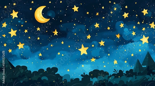 Mesmerizing night sky animation featuring a glowing crescent moon twinkling stars and a passing comet all set against the backdrop of the year 2025 written in the stars