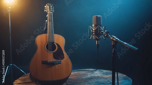 Minimalist Music Studio Setup with Acoustic Guitar on Stand and Microphone Prepared for Professional Recording Session Lit by Soft LED Lighting