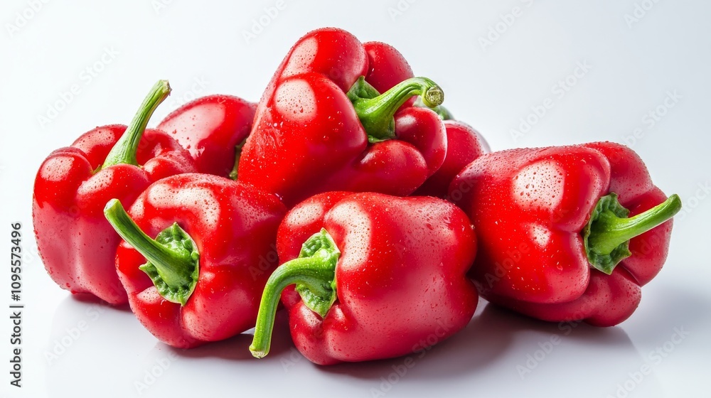 A fresh bunch of red bell peppers with their vibrant red color and smooth skins, Each pepper’s bright red color and subtle imperfections captured with precision A fresh bunch of red bell peppers with their vibrant red color and smooth skins, Each pepper’s bright red color and subtle imperfections captured with precision