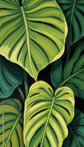 Monstera leaves. Oil painting. Pattern for printing on wall decorations, covers, leaflets, business cards photo