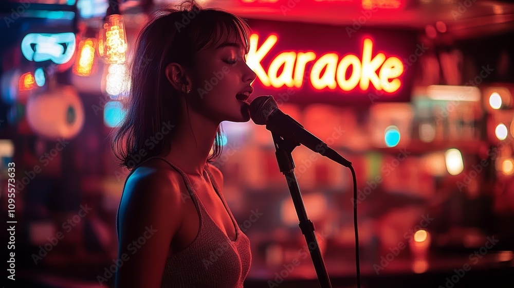 Woman Singing Karaoke in Neon Lit Bar with Colorful Lights and Energetic Atmosphere Woman Singing Karaoke in Neon Lit Bar with Colorful Lights and Energetic Atmosphere