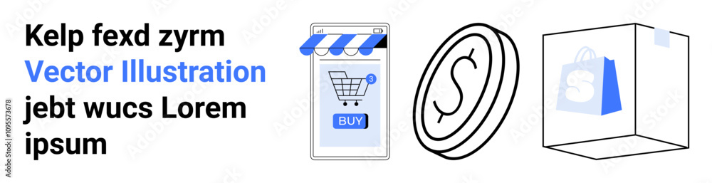 Shopping cart with a Buy button, dollar coin, and a shipping box. Ideal for e-commerce websites, online shopping apps, digital marketing, retail presentations, mobile payment services, financial Shopping cart with a Buy button, dollar coin, and a shipping box. Ideal for e-commerce websites, online shopping apps, digital marketing, retail presentations, mobile payment services, financial