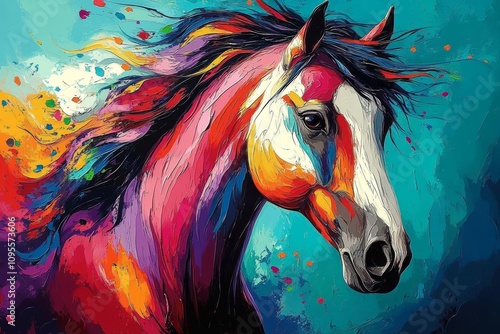 Vibrant Abstract Horse Head Painting in Bright Energetic Colors photo