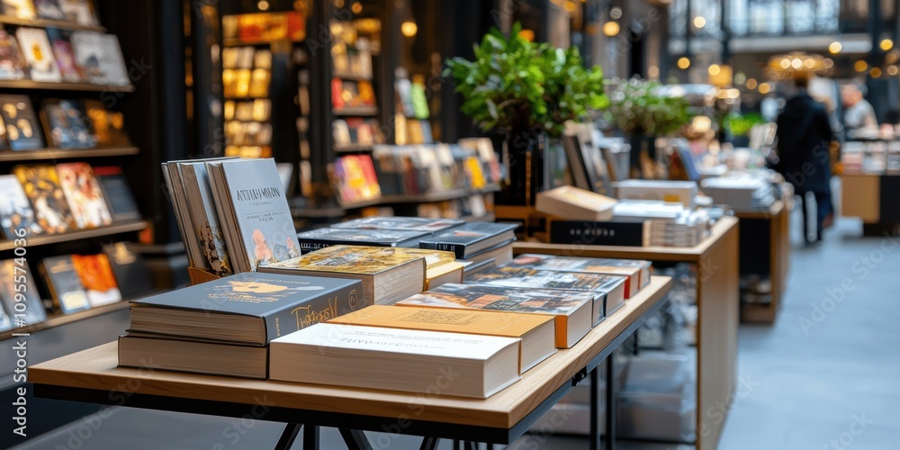 Bookstore display featuring beige book on stand cozy ambiance literary exploration urban setting inviting atmosphere Bookstore display featuring beige book on stand cozy ambiance literary exploration urban setting inviting atmosphere
