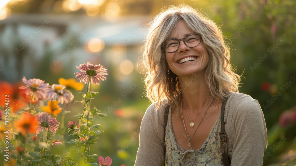 middle aged woman is joyfully laughing while gardening in vibrant flower garden during soft morning light. Her smile radiates happiness amidst colorful blooms middle aged woman is joyfully laughing while gardening in vibrant flower garden during soft morning light. Her smile radiates happiness amidst colorful blooms