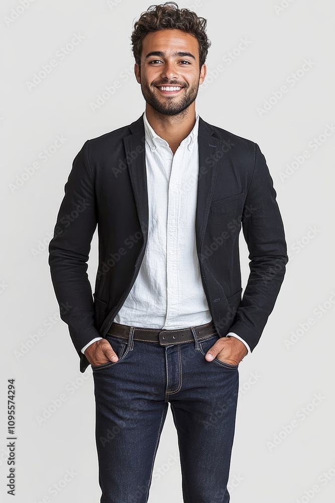 Fototapeta premium Smiling young man in business attire standing confidently against white backdrop