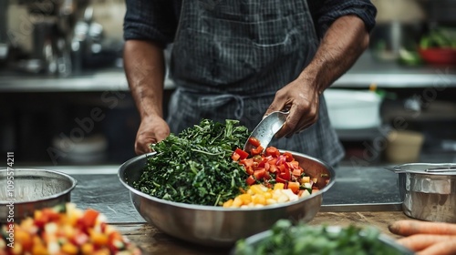 Professional chef preparing a fresh and colorful salad or menu item featuring locally sourced sustainable ingredients in a modern restaurant kitchen  Concept of food sustainability healthy eating photo