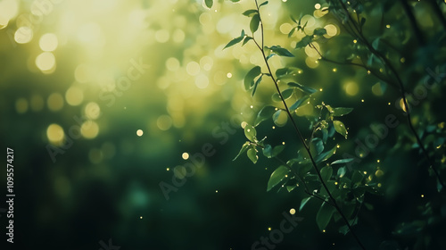 Lush green foliage with glowing fireflies and soft bokeh light 