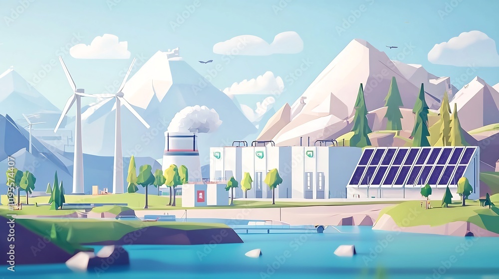 Fototapeta premium Renewable Energy Power Station with Battery Storage Units in a Clean Sustainable Energy Landscape with Wind Turbines Solar Panels and Mountainous Countryside