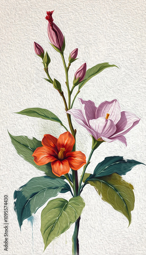 Botanical pattern for printing on wall decorations, covers. Artistic brush strokes.