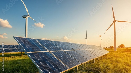 Renewable energy innovation solar panels and wind turbines green field nature photography sunset glow sustainable future concept