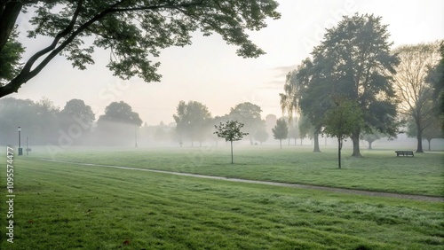 Misty morning in the park with a blurred green grassy background, misty morning, foliage, soft light