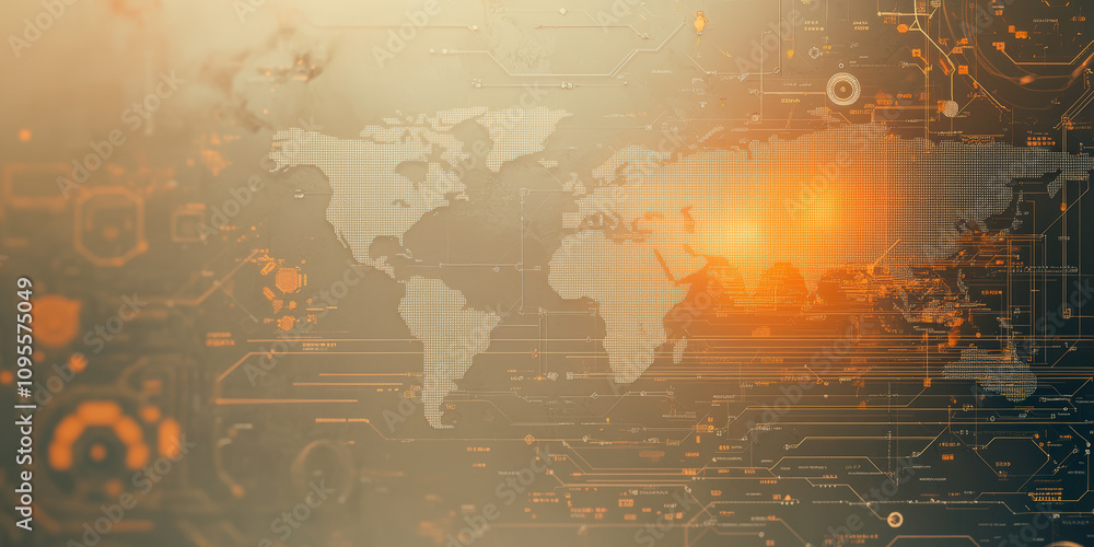 Obraz premium A digital world map overlayed with circuit patterns, highlighting technological connections and data networks in a warm, glowing color scheme.
