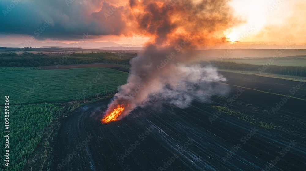 Fototapeta premium Aerial Sunset View of Field Fire Smoke Agriculture Burning