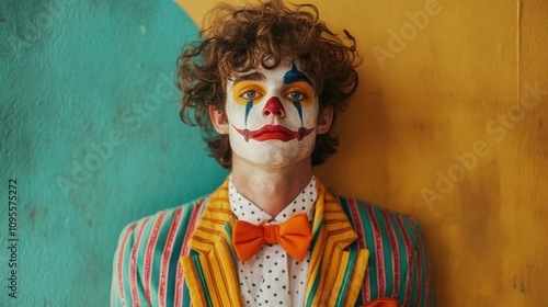 A young man in a clown costume looks at the camera with a serious expression.