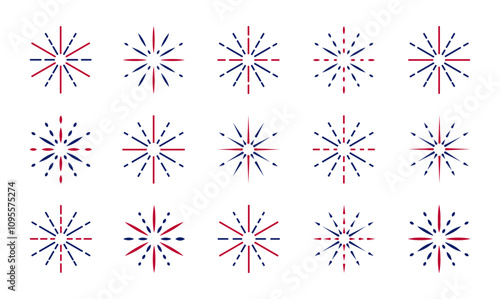A vector set of flat fireworks with flashes, salutes, and sparkles is perfect for celebrating festivals, birthdays, or holidays with colorful bursts and festive pyrotechnic displays.