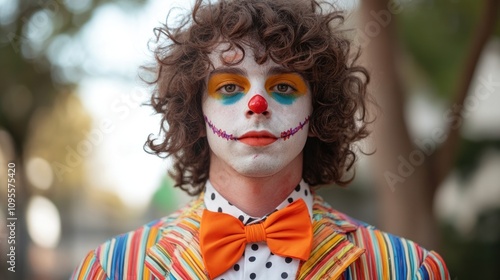 A young man with curly hair wearing clown makeup and a colorful striped jacket, orange bowtie, and white polka dot shirt, stares directly at the camera with a serious expression.