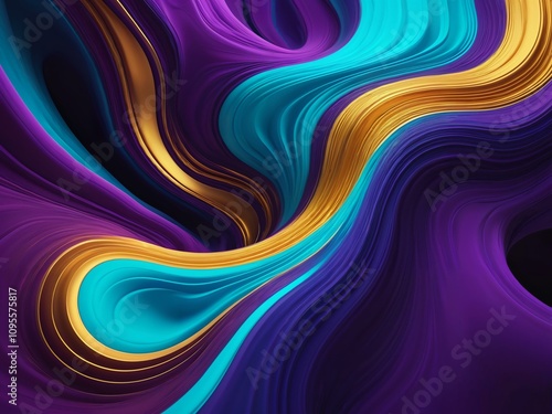 Vibrant swirling organic forms in deep purple cyan and gold hues