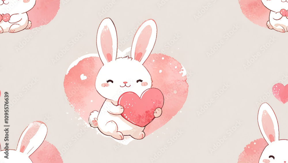 Cute bunny character holding a heart in a pastel-colored pattern suitable for children's decor or crafts Cute bunny character holding a heart in a pastel-colored pattern suitable for children's decor or crafts