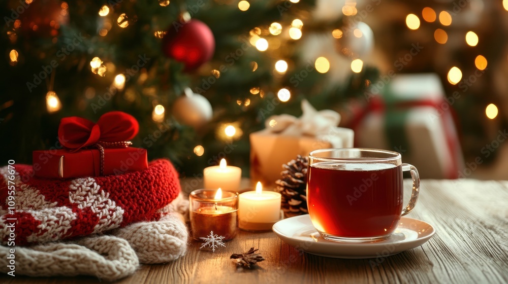 Cozy Christmas Scene with Warm Tea, Soft Blankets, Decorative Gifts, and Glowing Candles Surrounded by Festive Lights and a Christmas Tree Cozy Christmas Scene with Warm Tea, Soft Blankets, Decorative Gifts, and Glowing Candles Surrounded by Festive Lights and a Christmas Tree