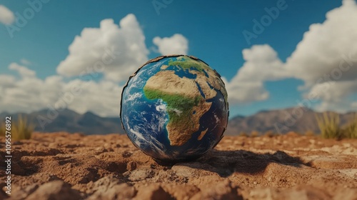 Realistic Earth Globe on Dry Desert Landscape with Mountains in Background, Highlighting Environmental Concerns and Natural Beauty for Creative Uses photo