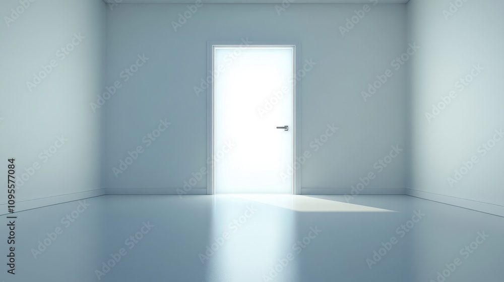 Fototapeta premium Bright and Minimalist Room with Open Door Leading to Unknown Space, Inviting Exploration and Curiosity in a Tranquil Environment