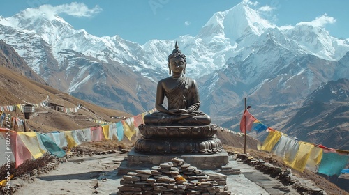 Tranquil Buddha statue sitting in a meditative pose surrounded by the majestic Himalayan mountains and colorful Tibetan prayer flags fluttering in the breeze