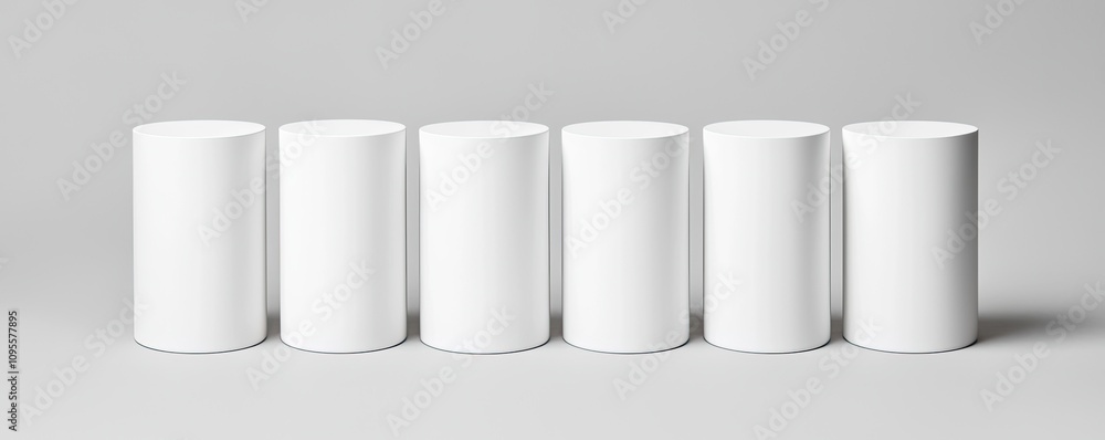 A minimalist arrangement of six white cylindrical objects on a neutral background, showcasing simplicity and modern design. A minimalist arrangement of six white cylindrical objects on a neutral background, showcasing simplicity and modern design.