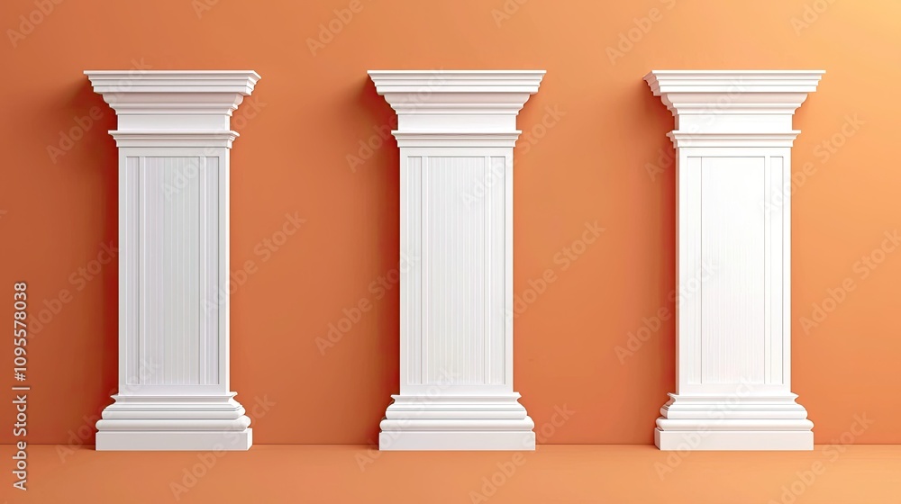 Fototapeta premium Three elegant white columns stand against a warm orange wall, showcasing classic architectural design and symmetry.