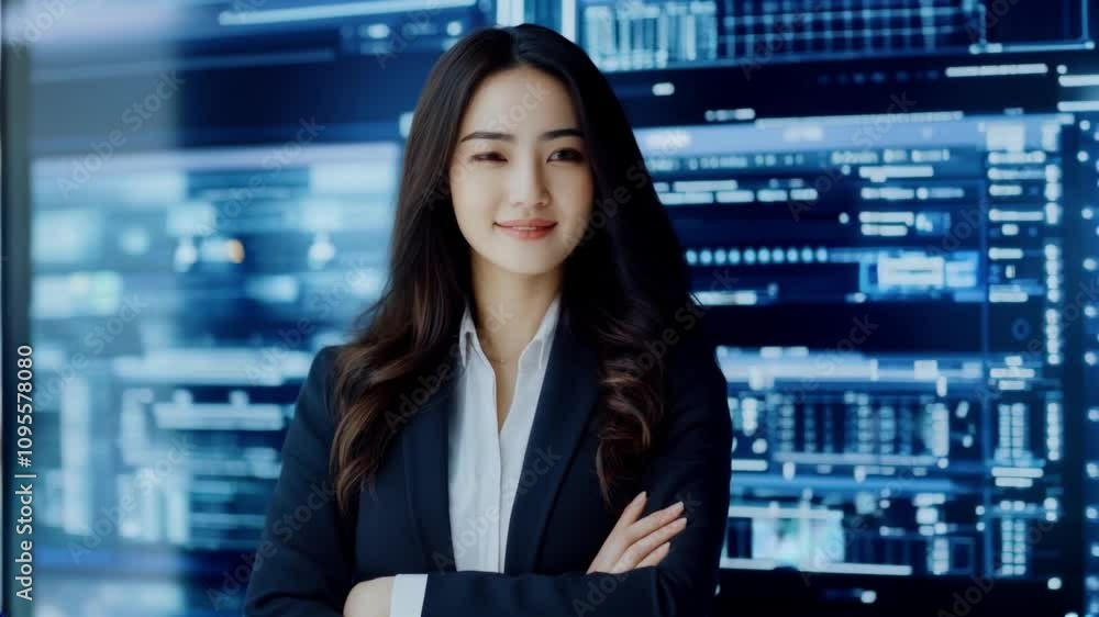 Empowering Woman in Professional Attire Showcasing IT Systems for Safety and Technology Empowering Woman in Professional Attire Showcasing IT Systems for Safety and Technology