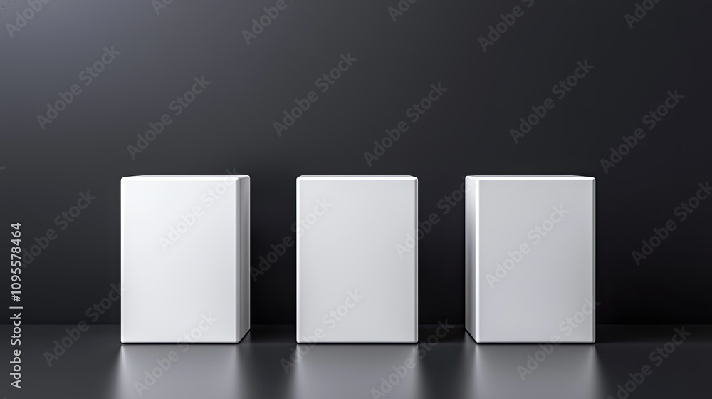 Three minimalist white boxes are displayed against a dark background, creating a modern and clean aesthetic. Three minimalist white boxes are displayed against a dark background, creating a modern and clean aesthetic.