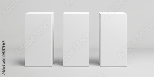Three minimalist white rectangular blocks arranged in a row, set against a soft gray backdrop, emphasizing simplicity and modern design.