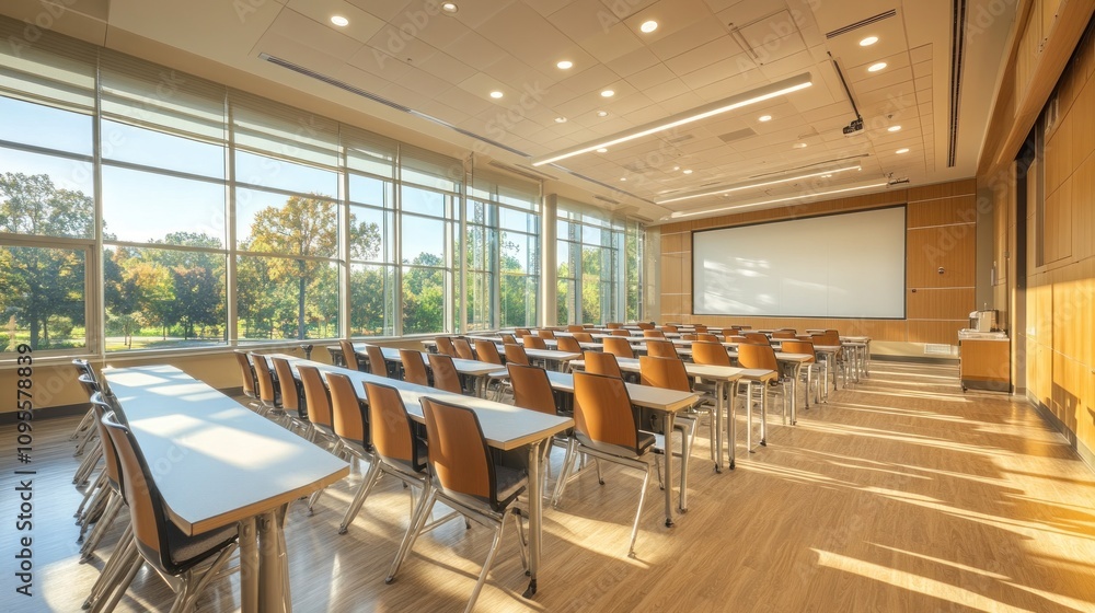 Spacious Classroom with Large Windows and Projection Screen Spacious Classroom with Large Windows and Projection Screen