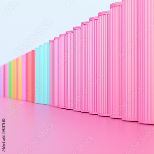 Globalization trade war concept. A colorful arrangement of cylindrical containers in pink, green, and yellow, creating a playful visual effect against a soft background.