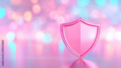 Concept of building cyber resilience for IT infrastructure. A pink shield on a reflective surface with a soft, colorful bokeh background.